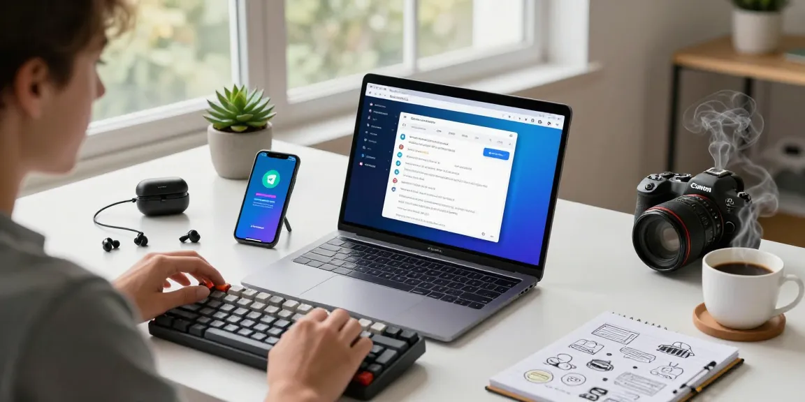 Using the Telegram Web Version on a laptop in a vibrant workspace with tech gadgets.