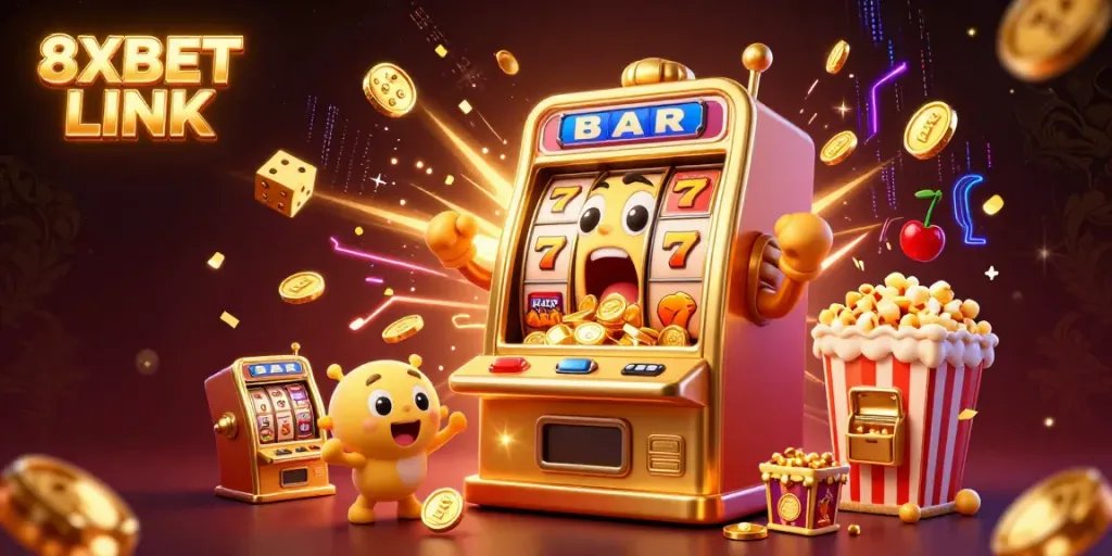 Celebrate big wins with 8XBET LINK in a vibrant 3D casino scene featuring jackpot excitement.