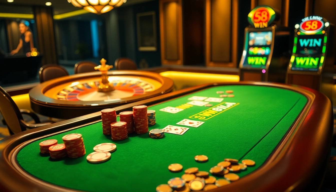 Vibrant casino scene featuring 58 WIN poker action with chips, cards, and roulette excitement.
