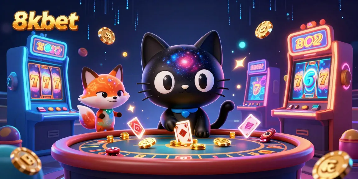 Engage in thrilling 8xbet casino excitement with a cosmic black hole cat and vibrant slot machines.
