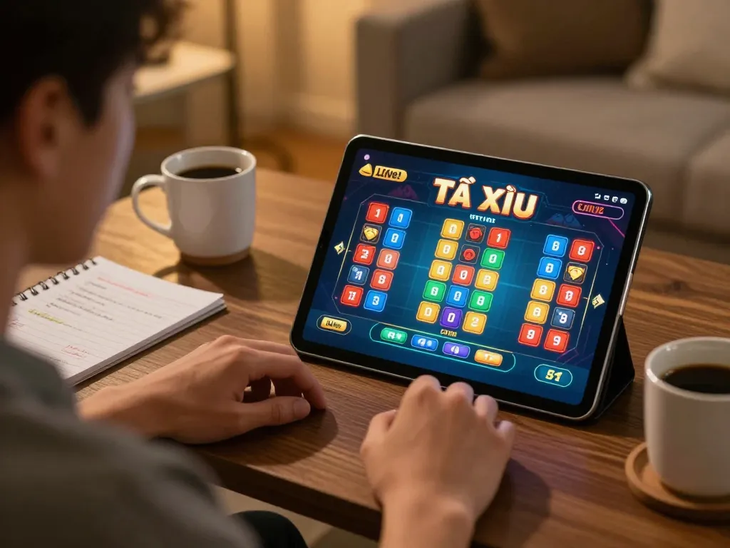 Engaging in Tài Xỉu online on taixiuonlinego from a cozy home setup with tablet and notes.