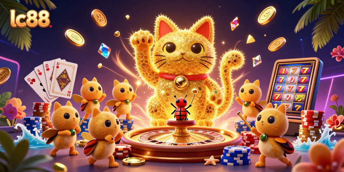 Explore lc88's vibrant gaming universe with a lucky cat and dazzling casino symbols!