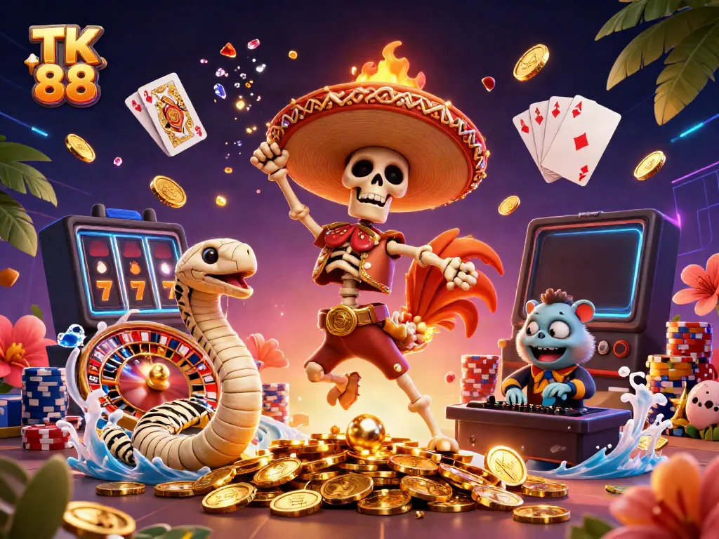 Experience winning moments at TK 88 with vibrant casino characters enjoying their victory amidst cascading golden elements.
