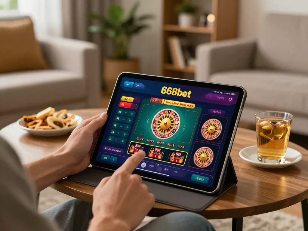 Jogabilidade envolvente na 668bet com um jogador imerso na ação do cassino em um tablet.