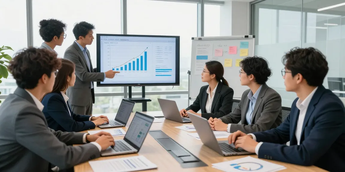Reunião estratégica de equipe em empresa de terceirização de mão de obra, com discussão sobre métricas de crescimento em ambiente moderno.