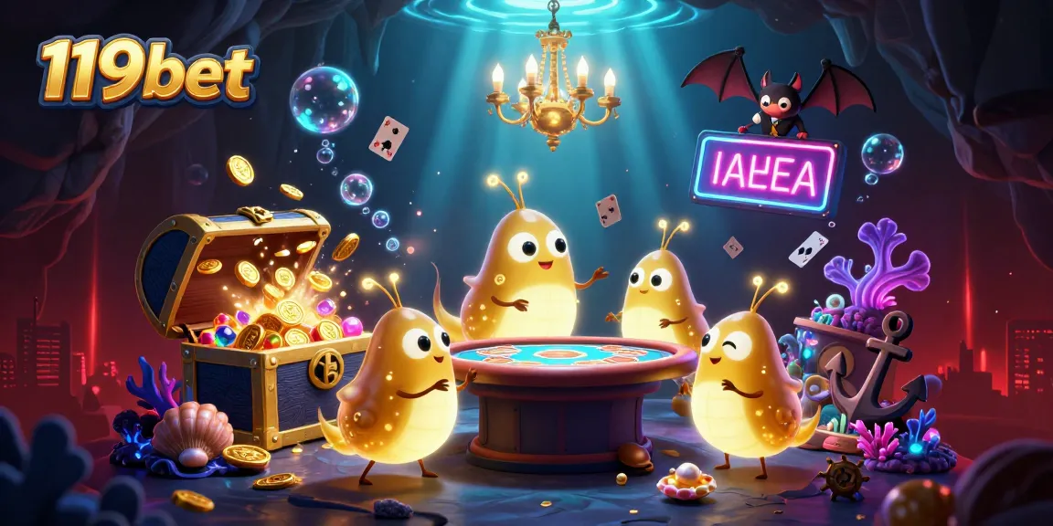 Experience the vibrant world of 119bet with a lively underwater casino scene featuring bioluminescent characters and treasures.