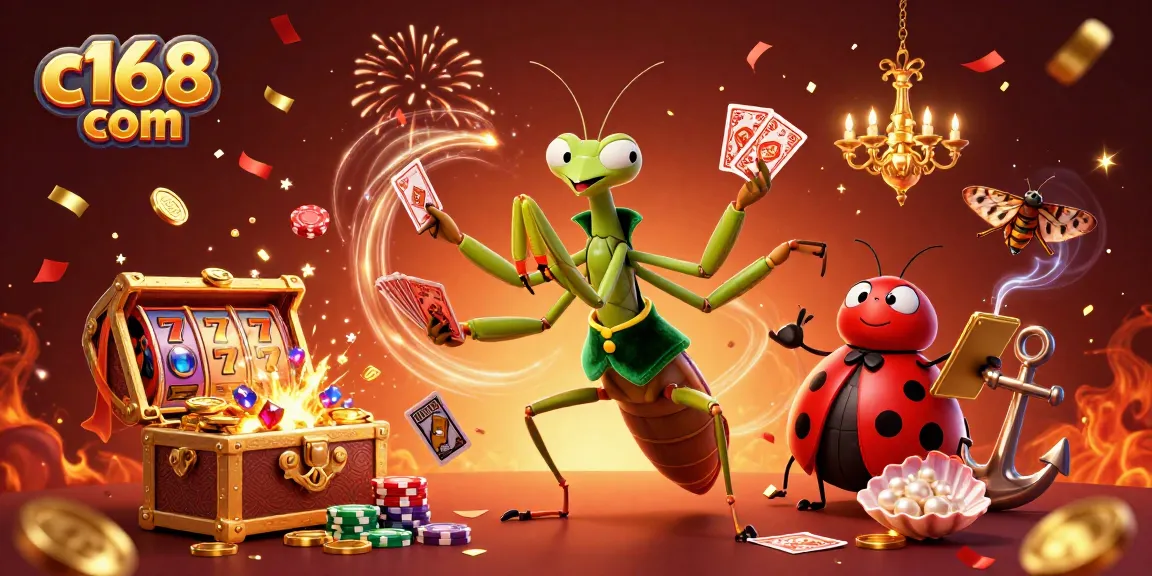 Engaging scene at c168 com featuring a giant praying mantis card sharp dealing and a ladybug pit boss amidst slot reels and treasures.