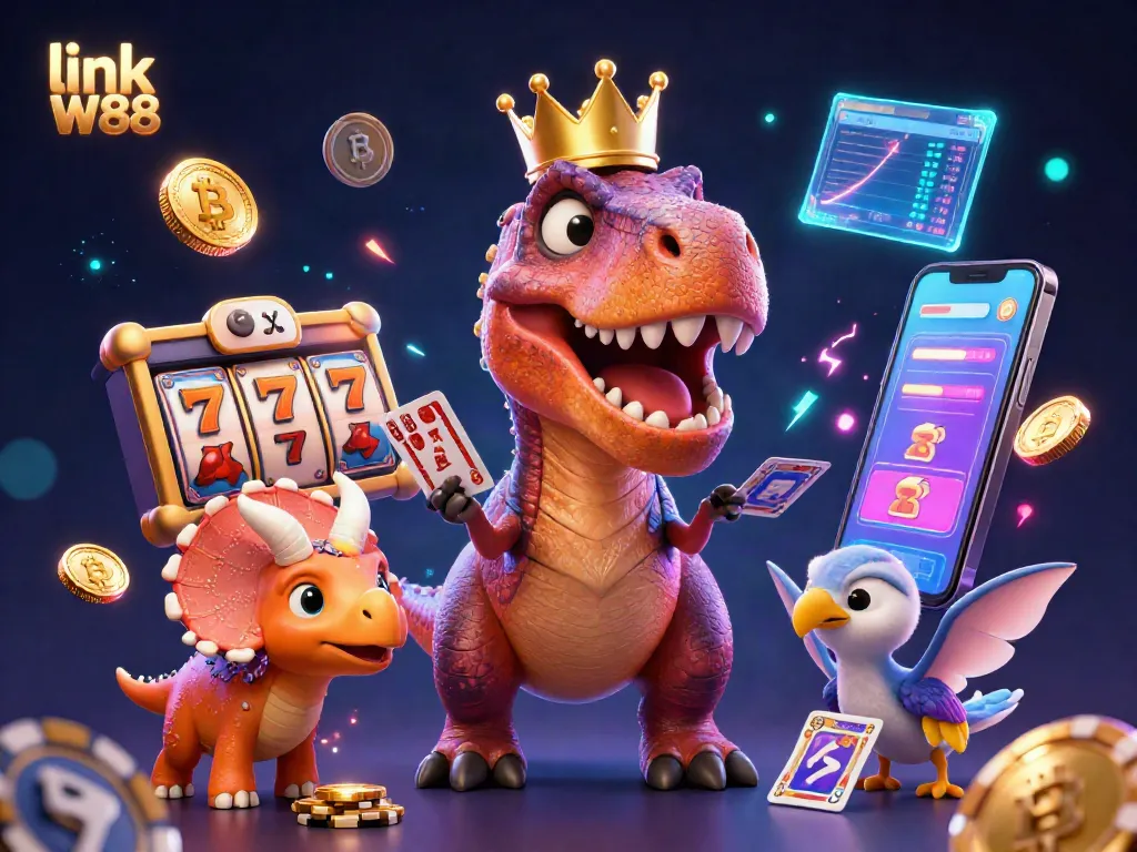 Join the excitement at link W88 with friendly dinosaur characters engaged in an exhilarating casino game.