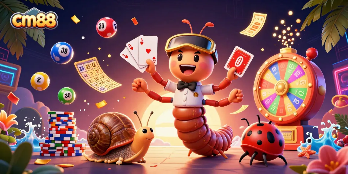 Experience games at cm88 with a vibrant 3D illustration of a whimsical casino scene packed with excitement.