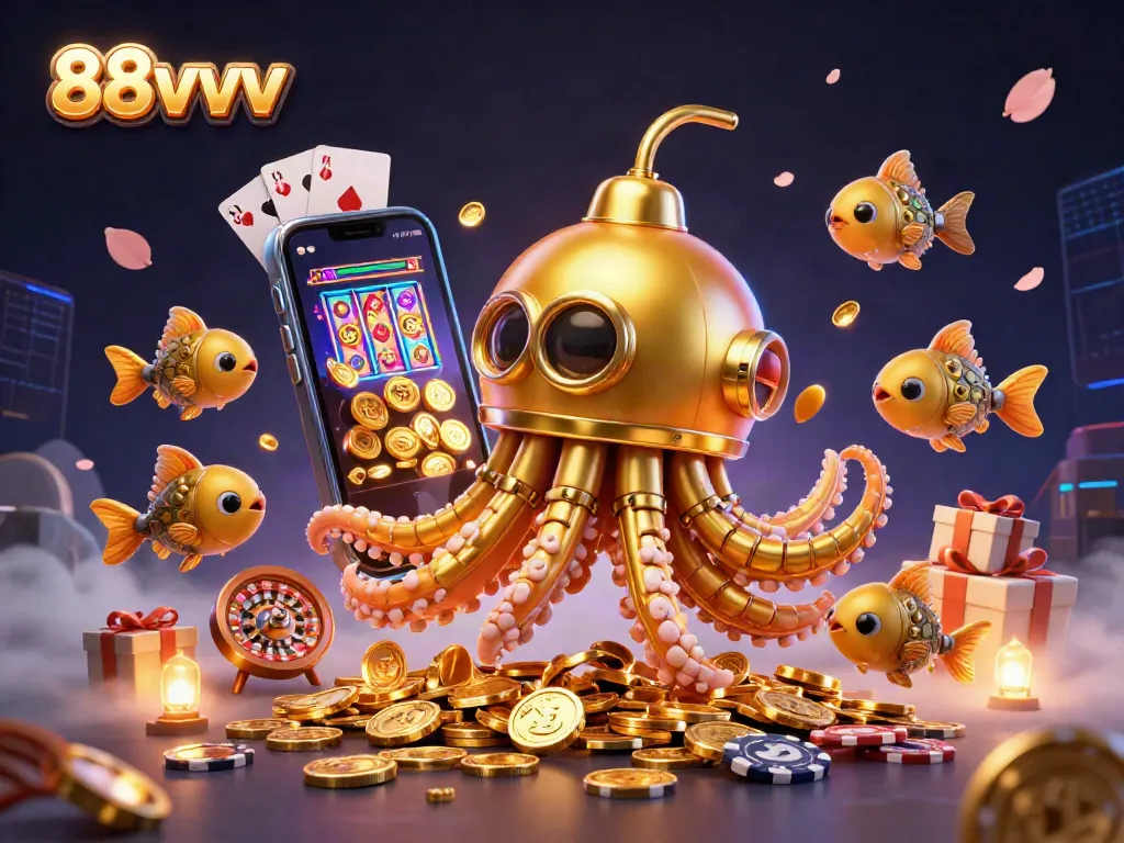 Experience the vibrant 88vvv casino scene with a golden kraken submarine and lively game elements.