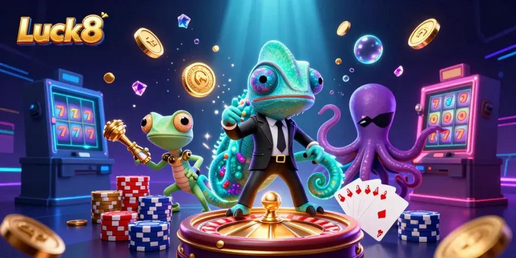 Engage in thrilling gameplay at Luck8 with vibrant 3D characters amidst cascading gold coins and jewels.