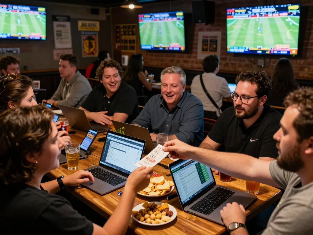 Exciting sports betting scene with patrons engaged at DU88 venue, screens showing live games and betting apps.