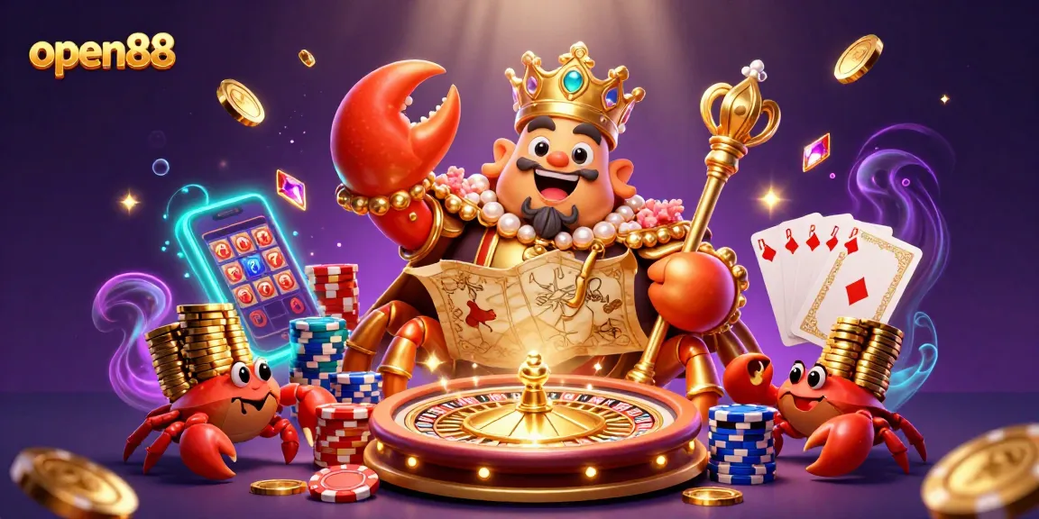 Engage with thrilling games at open88, featuring the splendid golden crab emperor surrounded by sparkling treasures.