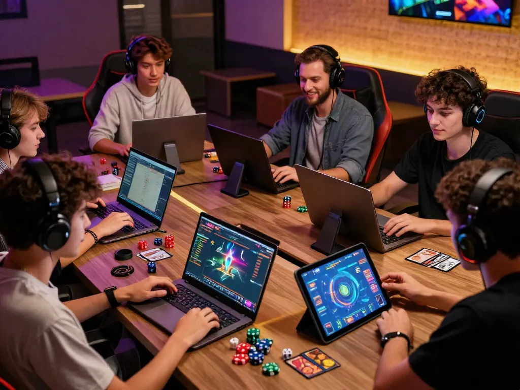 Friends enjoying online games at a gaming lounge while engaging with nbet platforms.