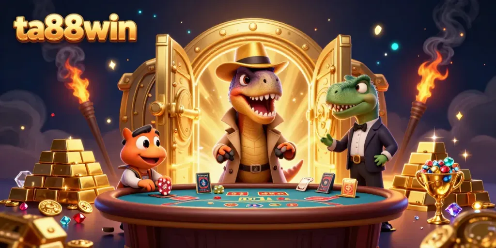 Experience thrilling gameplay at ta88win, featuring a velociraptor card counter amidst a vibrant casino scene.