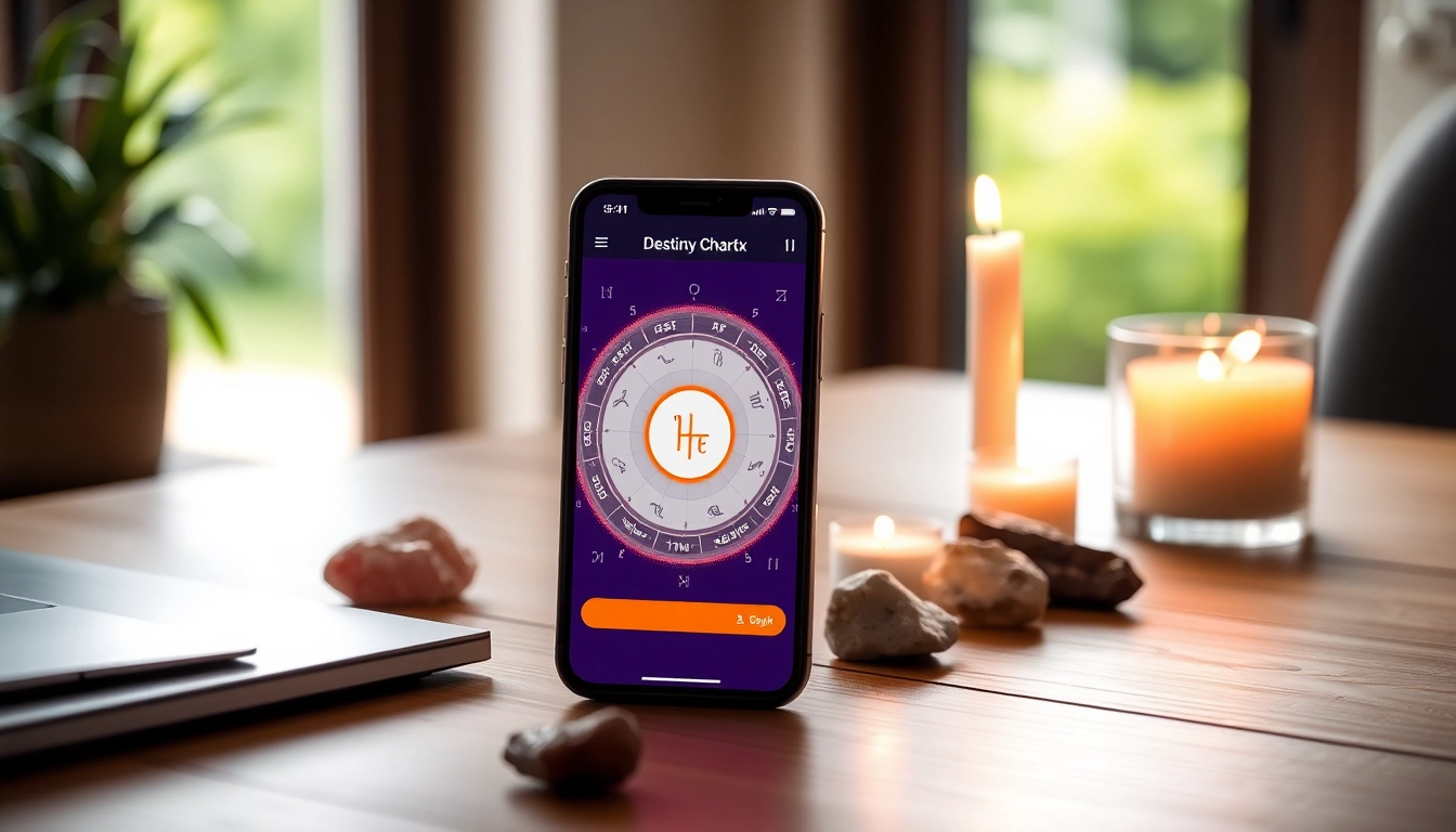 Engage with the Destiny Matrix Chart App through a sleek smartphone interface and a serene workspace.