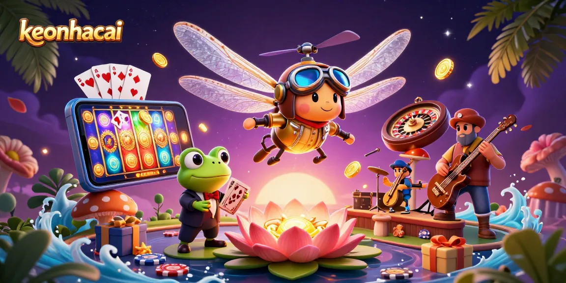 Engage with keonhacai at a vibrant lily pad casino as a dragonfly pilot navigates exciting slots and games.