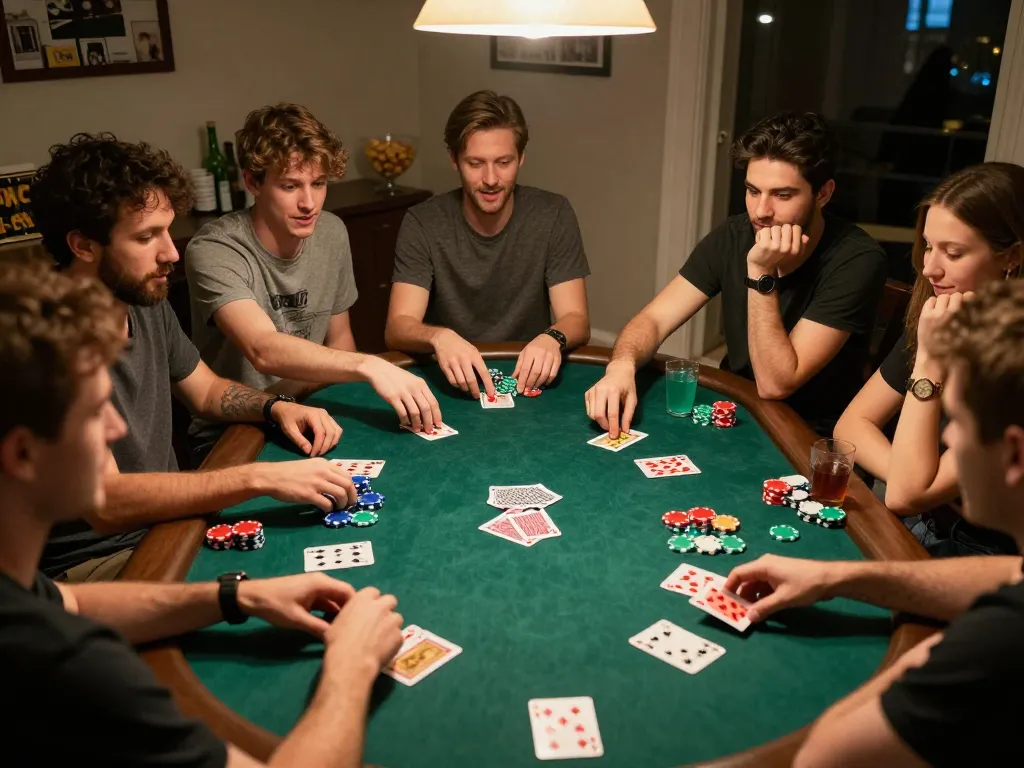 Nohu90 players strategizing in a friendly home poker game night
