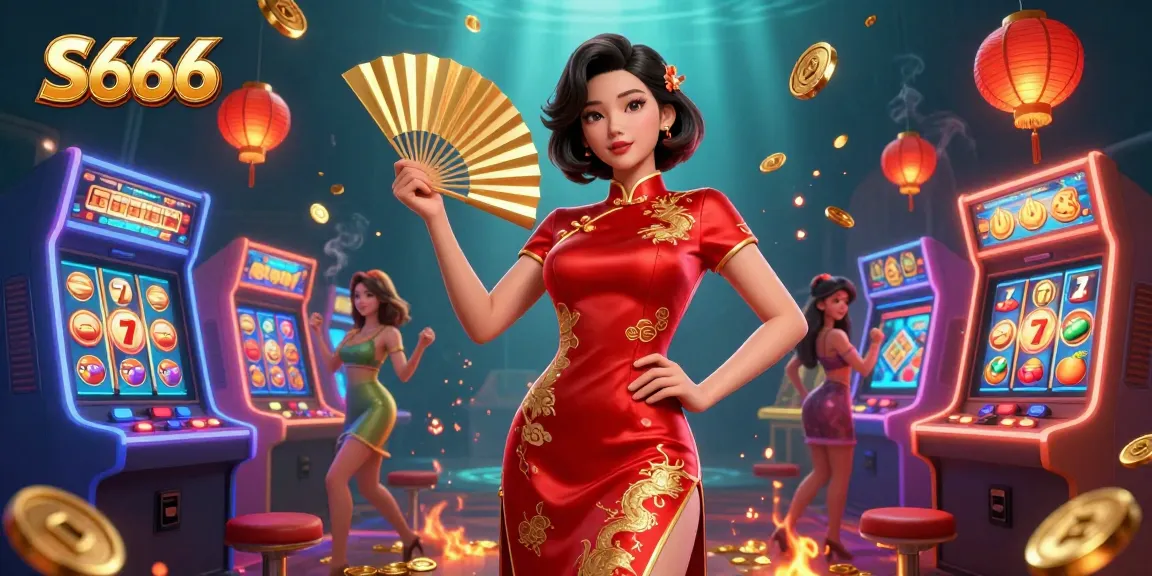 Experience exciting gameplay with S666 in a vibrant illustration showcasing a confident Asian woman amidst floating casino elements and gold coins.