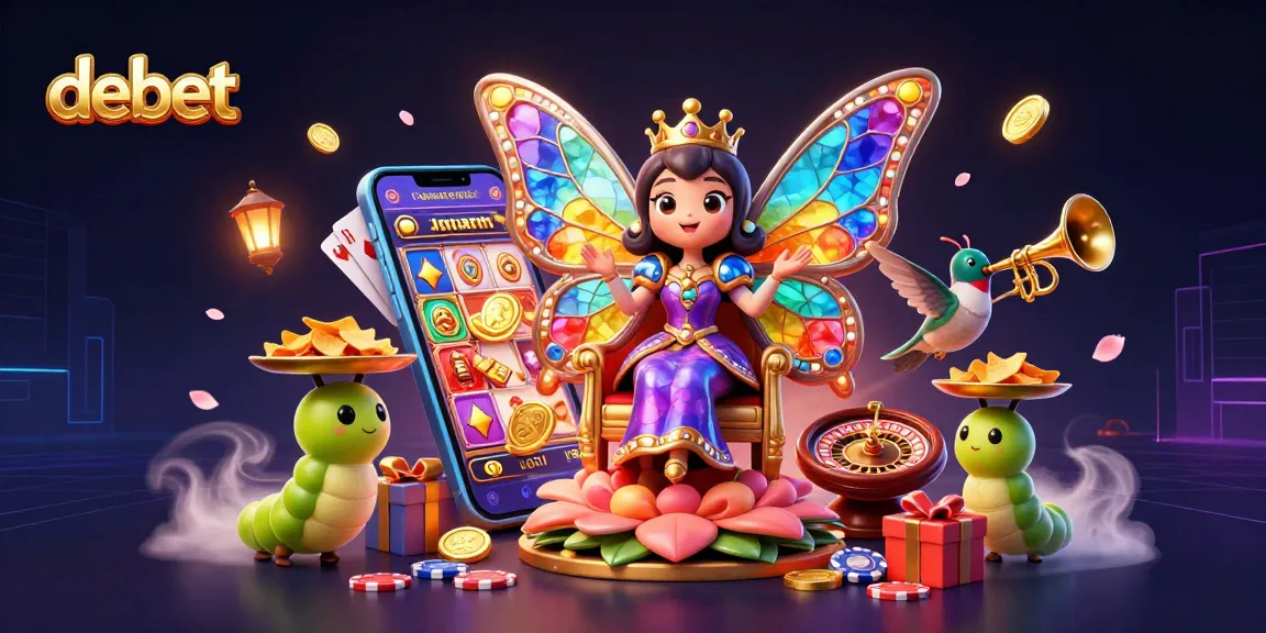 Experience debet's vibrant gaming world with a butterfly queen and colorful casino elements.