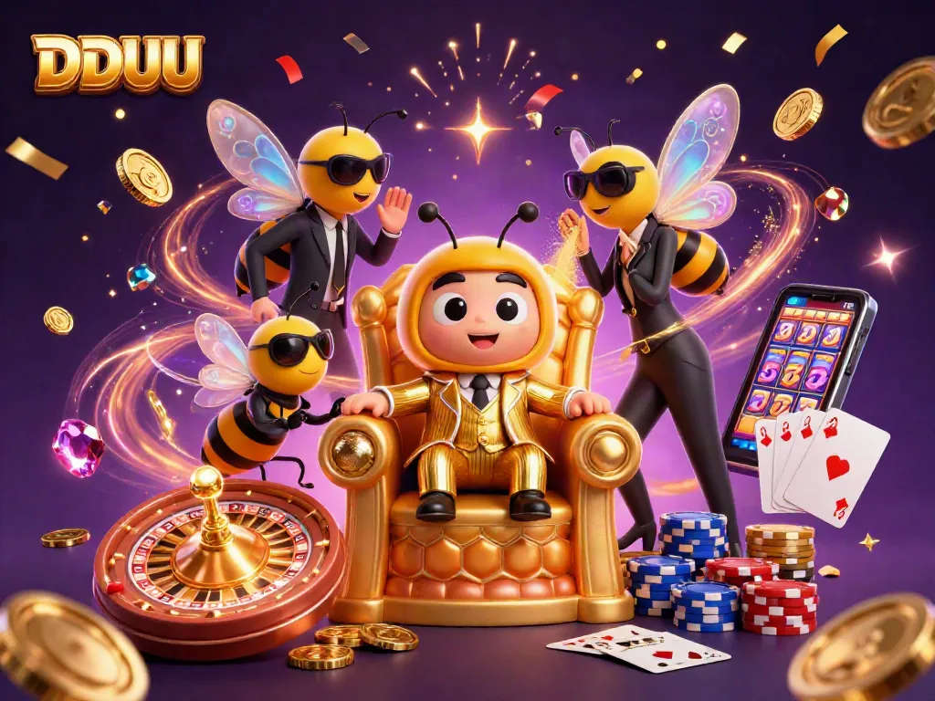 Engage with DDUU casino excitement featuring a bumblebee mob boss and vibrant gaming elements.