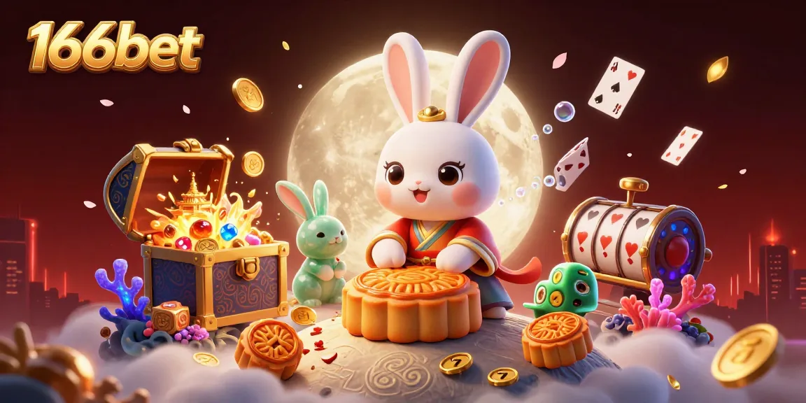 Engage in thrilling gaming at 166bet with a lively illustration featuring a moon rabbit, slot reels, and vibrant treasures.