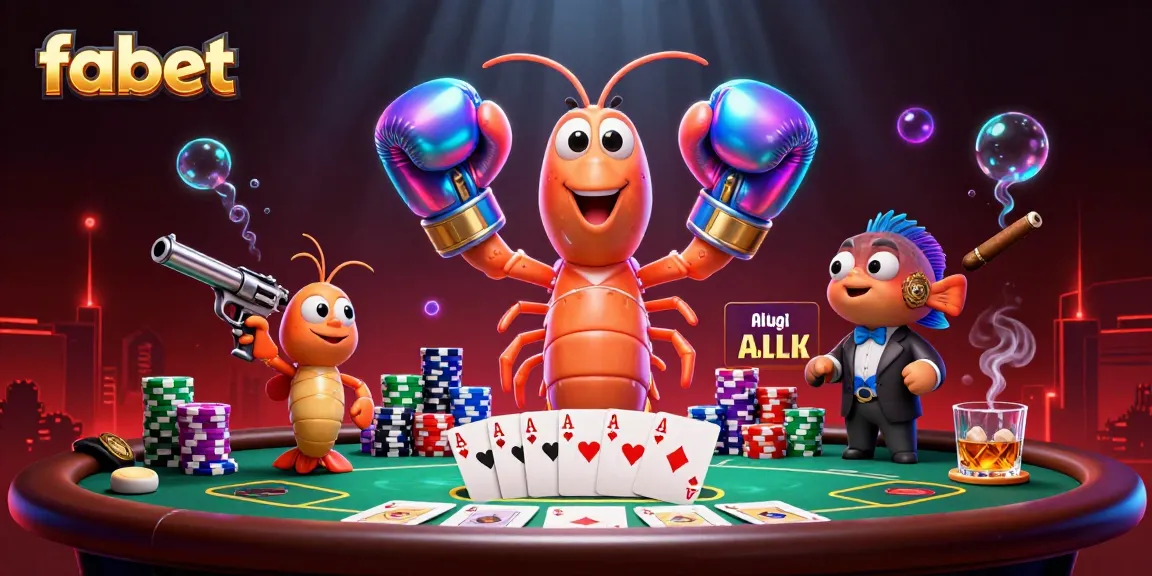 Fabet showcases a 3D mantis shrimp, poker chips, and a coral grouper in an underwater casino scene.