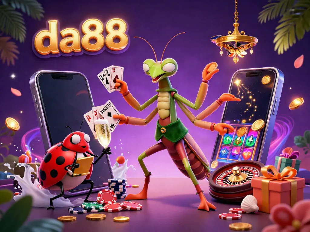 Engage in thrilling games at da88 with a vibrant casino scene featuring cartoon characters and dynamic gaming elements.