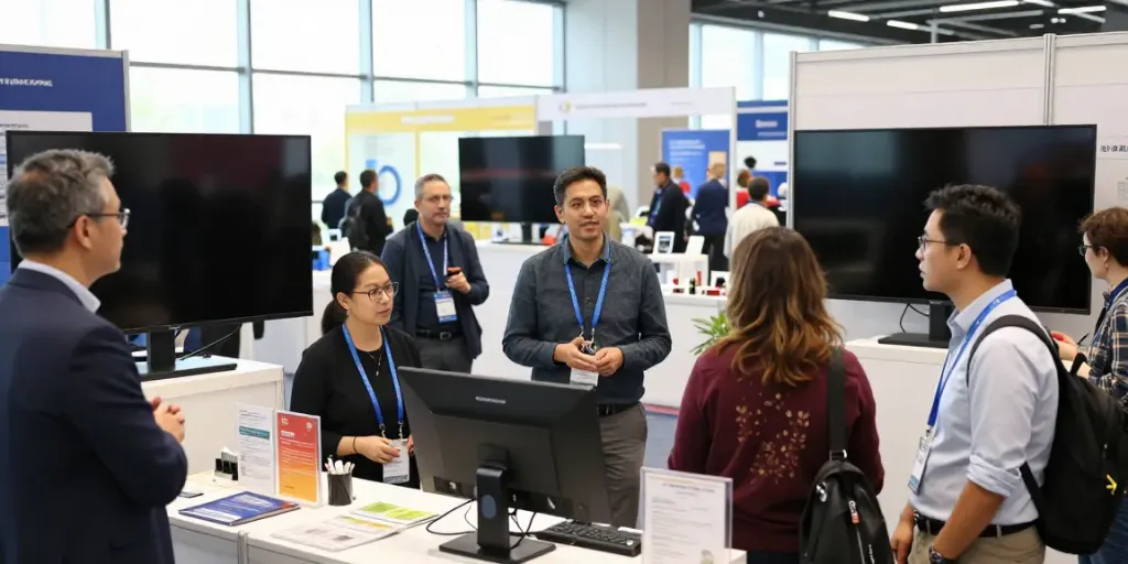 Engaging expo scene showcasing Expositores speakers and attendees in an interactive environment.