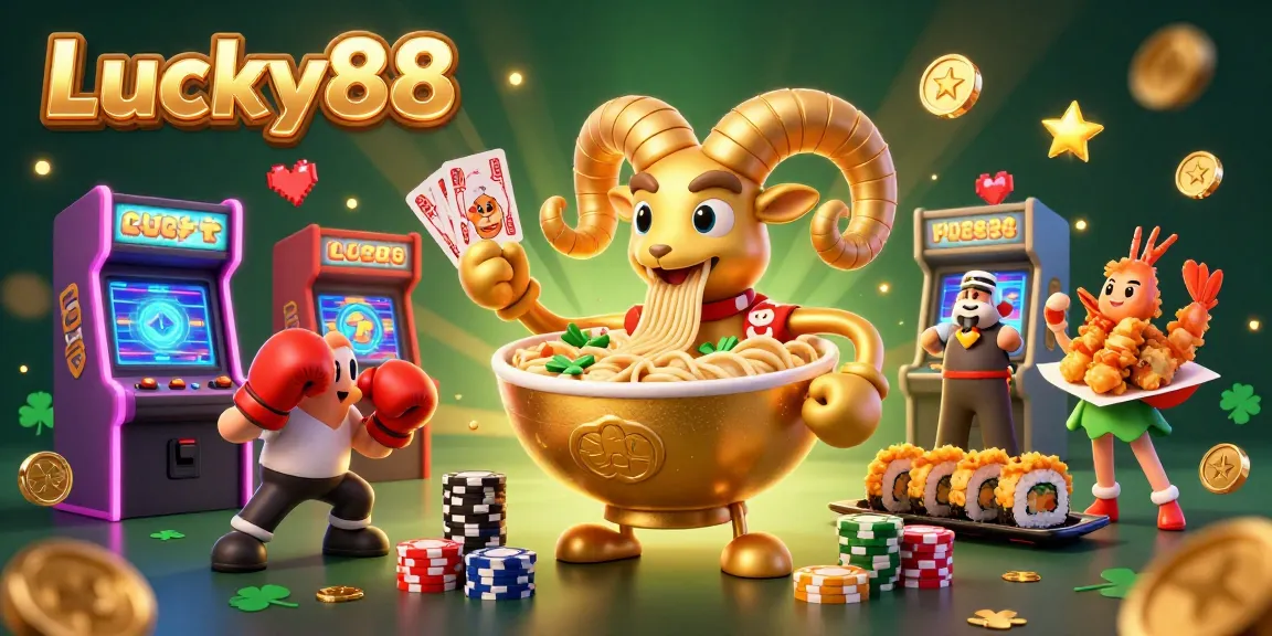 Enjoy thrilling games at Lucky88 with a colorful 3D casino scene featuring unique characters and vibrant arcade elements.