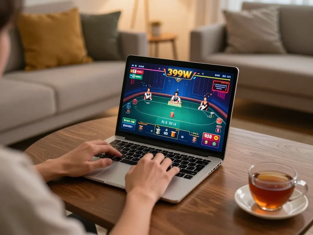 Player engaging in 399w's thrilling online poker game, cozy home setup showcasing strategic gameplay.