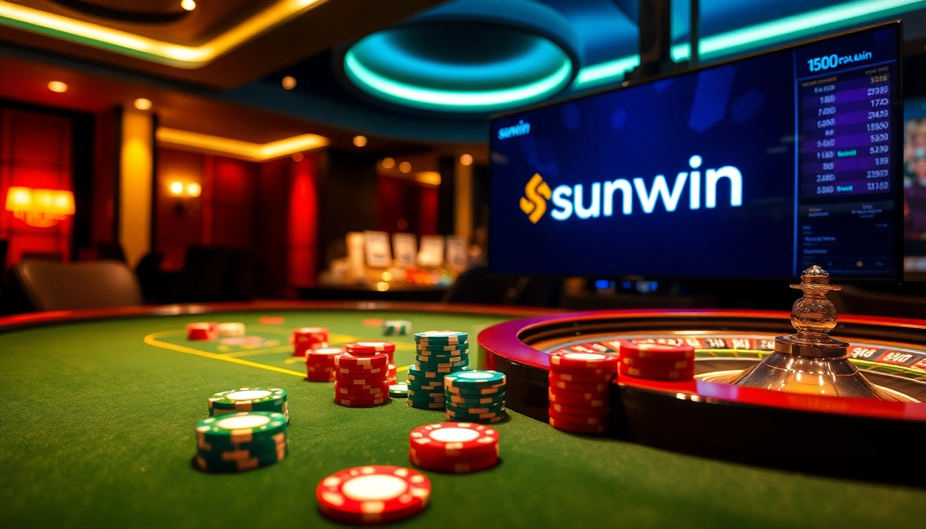 Players enjoying a thrilling round of poker at a sunwin-themed casino table, filled with vibrant chips and cards.