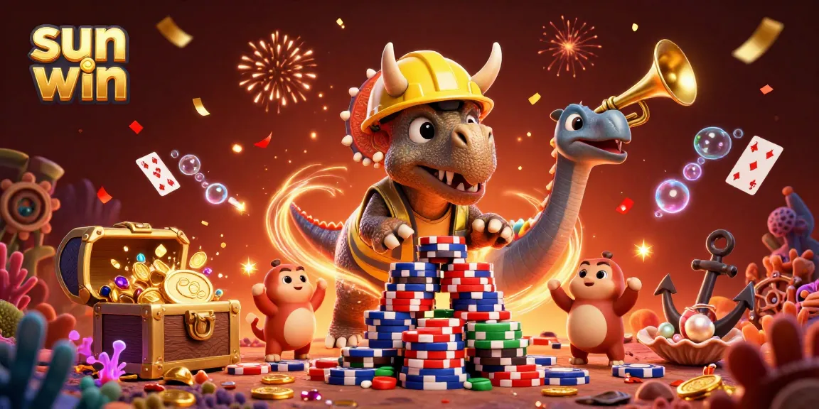 Experience thrilling moments with sun win as triceratops builds poker chip pyramid amidst vibrant celebrations.