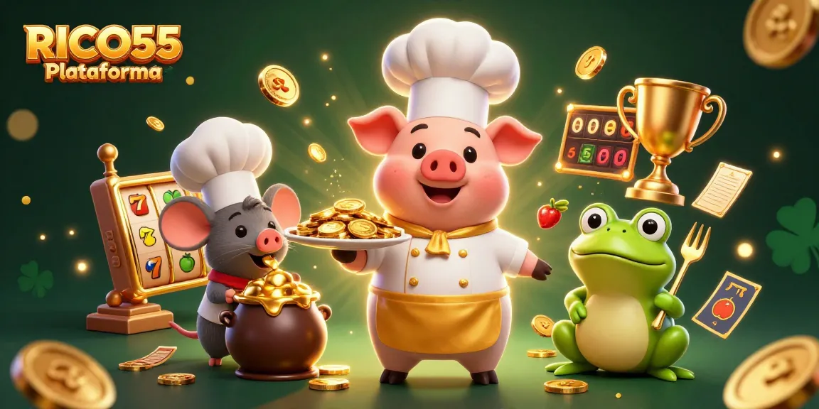 Engage with RICO55 Plataforma's gaming experience as a chef pig serves golden coins in a lively casino.