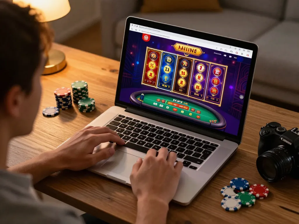 Engaged player enjoying 99ok live dealer game on laptop in a cozy home setting.