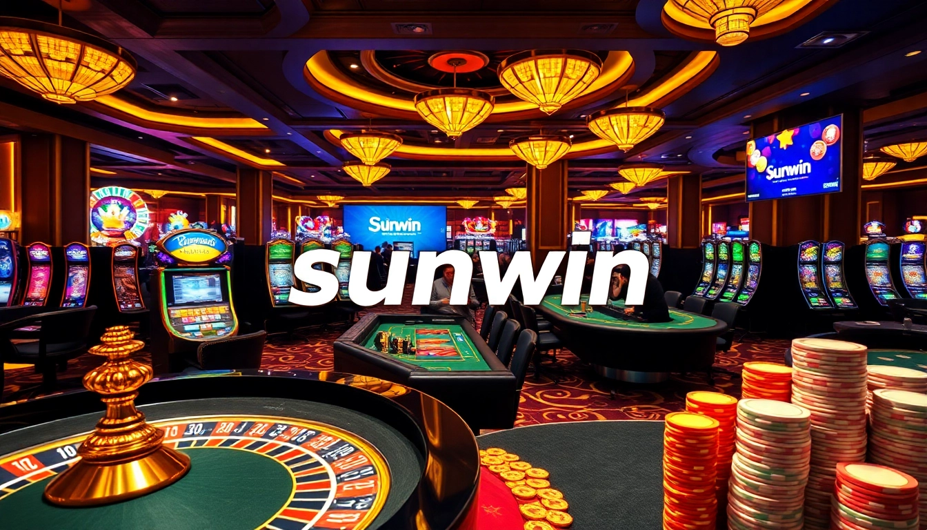 Engage in thrilling gameplay at sunwin's vibrant casino tables with poker chips and roulette wheels.