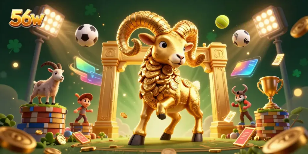 Engage with thrilling action at 56W, showcasing golden ram charging through a dynamic sports betting scene.