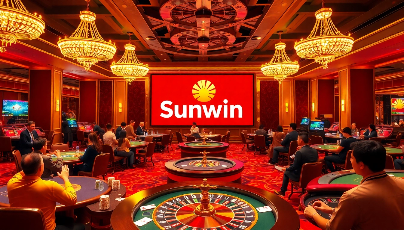 Players enjoying intense card games at Sunwin casino, showcasing high-stakes excitement and luxury.