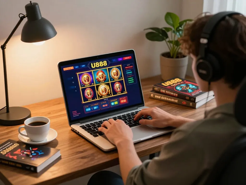 Engaged player using U888 online casino on a laptop, showcasing vibrant gaming action and cozy atmosphere.