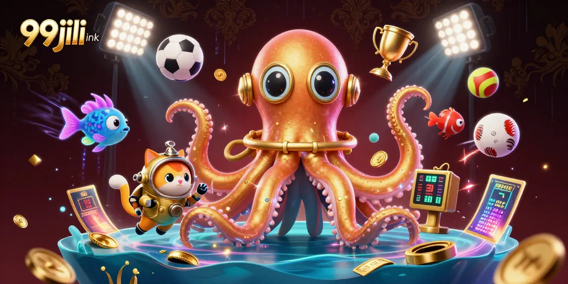 Experience 99jili ink with a thrilling scene featuring a kraken and sports elements in vibrant detail.