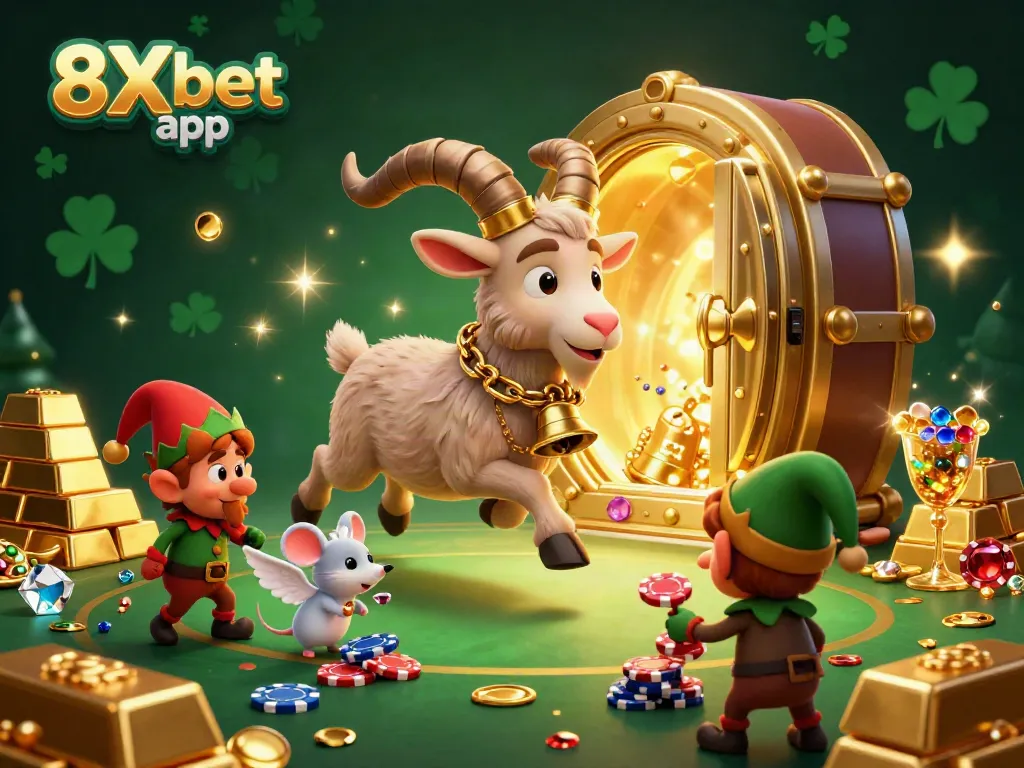 Experience the excitement of the 8Xbet app in a festive casino setting with playful characters and treasure