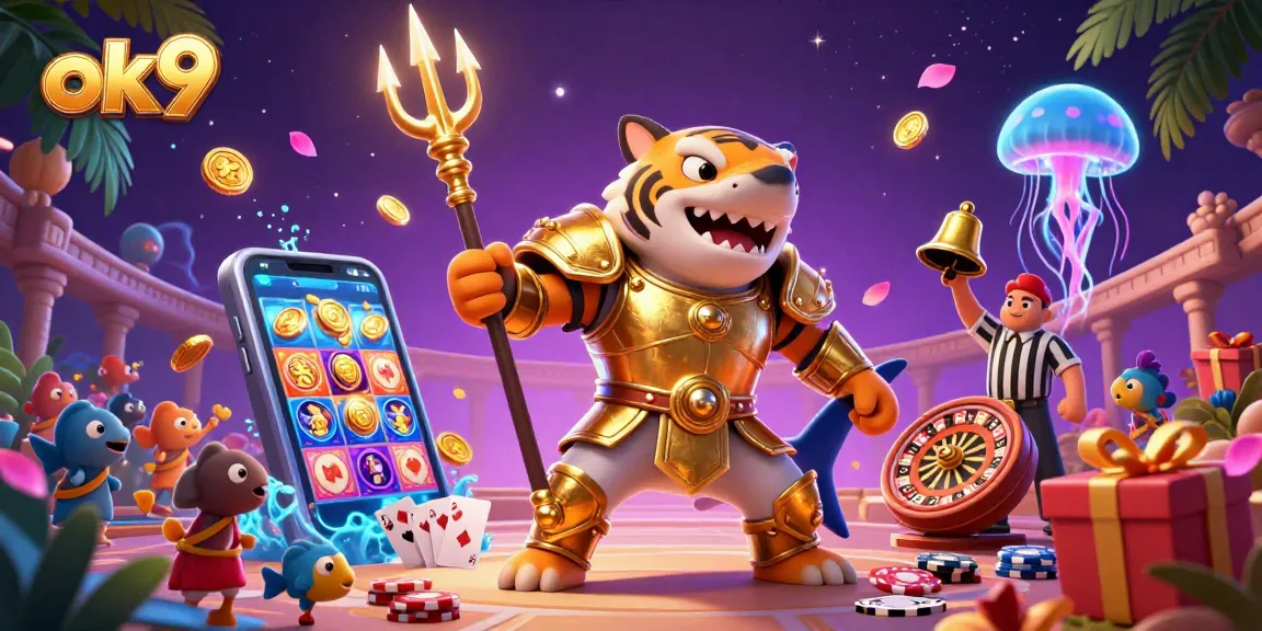Bet on exciting games at ok9 as a fierce tiger shark in gladiator armor commands the underwater arena.