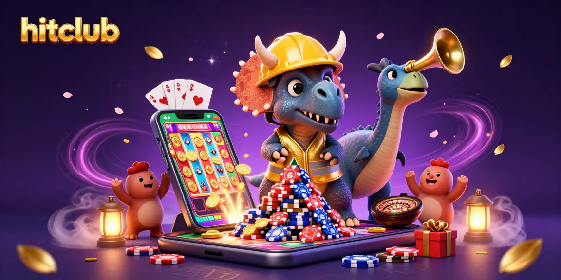Hitclub showcases a vibrant casino scene with a triceratops building poker chip towers amidst slot games.