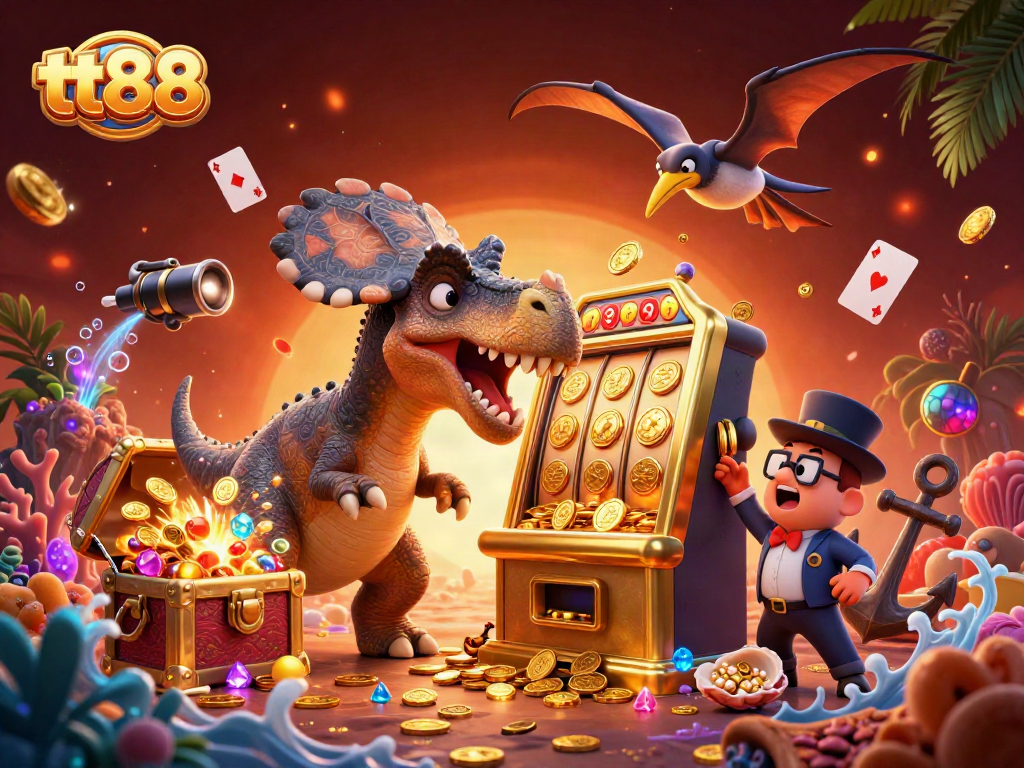 tt88 slot adventure featuring dinosaurs hitting the jackpot in a vibrant casino scene.
