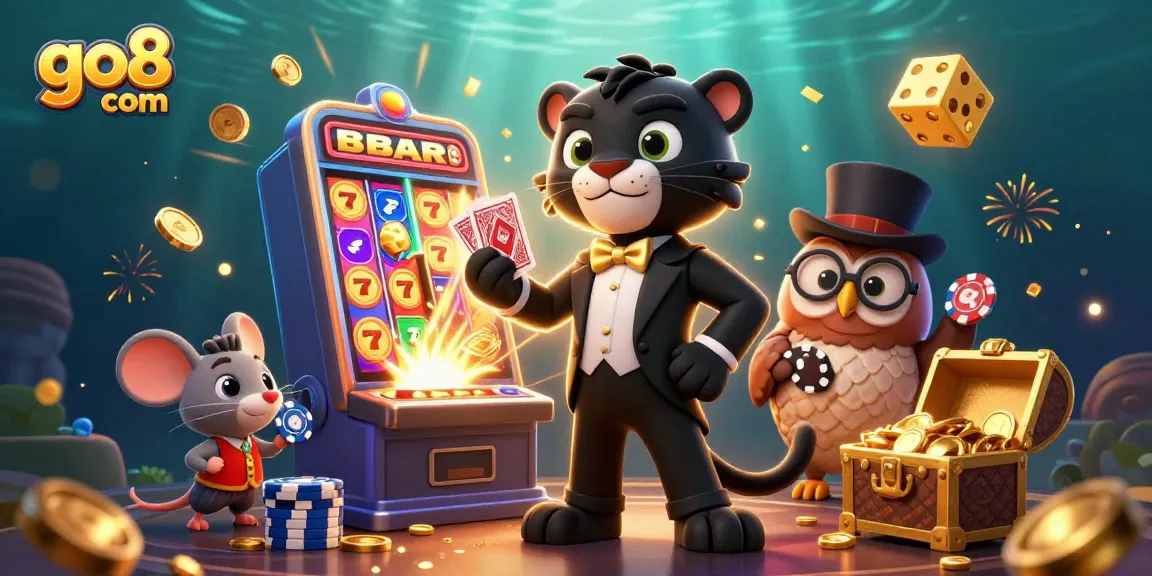 Engage in thrilling slots action at go8 com with excited characters amid a jackpot explosion.