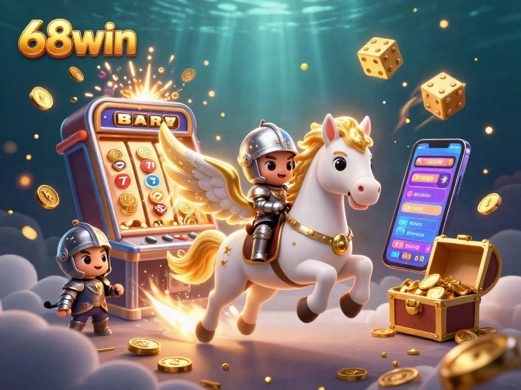 Engage with the dynamic world of 68win through lively casino-themed illustration featuring slots and gaming excitement.