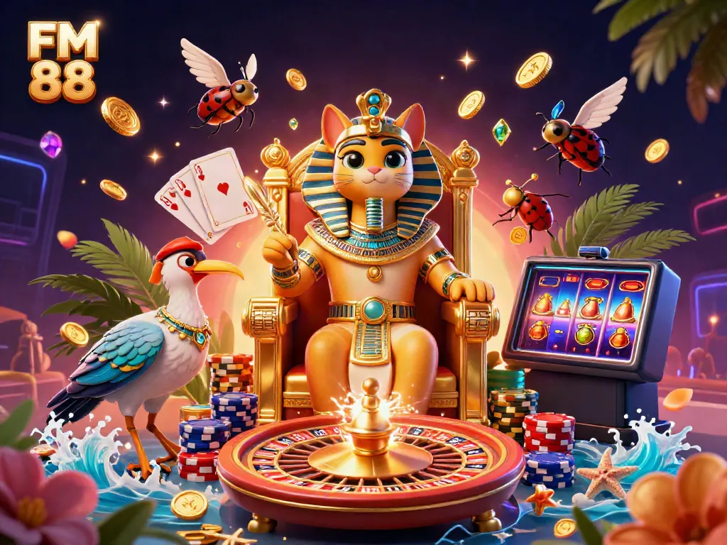 Experience excitement with FM 88's 3D casino scene featuring a pharaoh cat, coins, and slot machines.