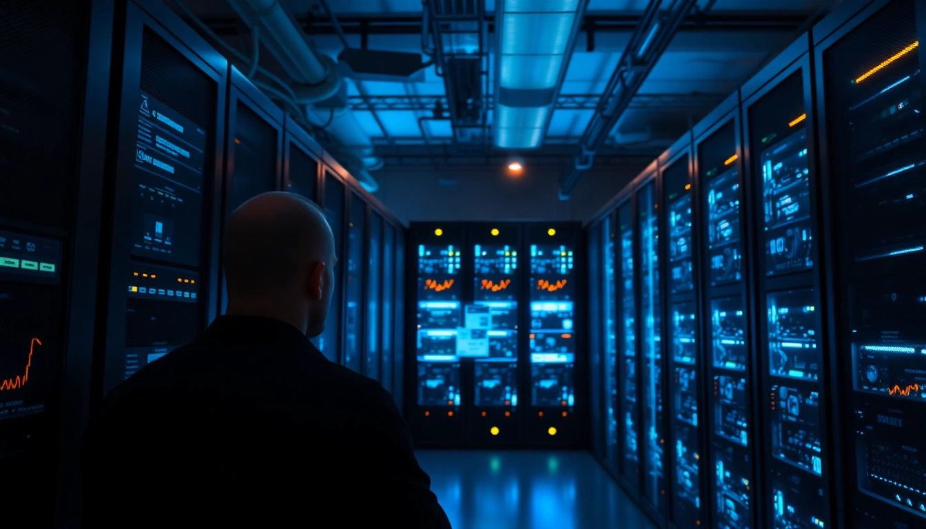 Showcase of adult web hosting servers in a sleek, professional server room with glowing features.