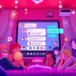 Interactive digital interface of a nsfw chat bot with vibrant characters and playful design.