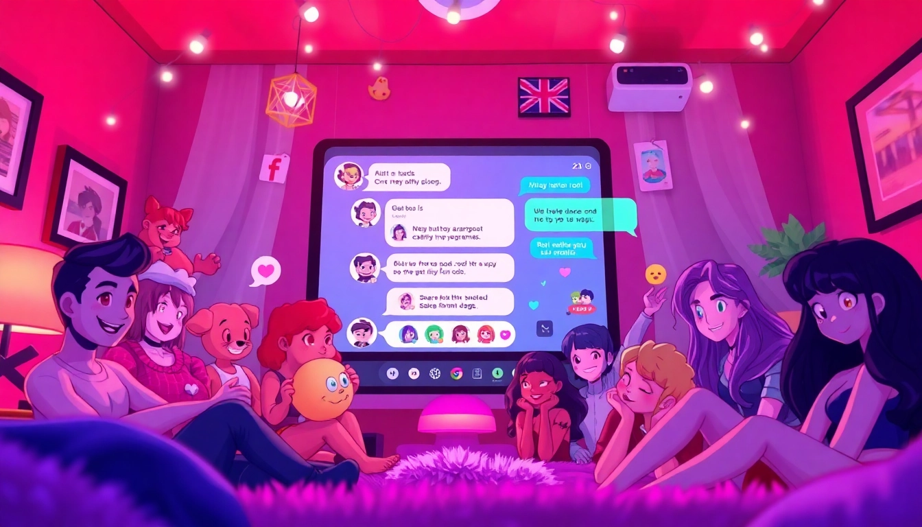 Interactive digital interface of a nsfw chat bot with vibrant characters and playful design.